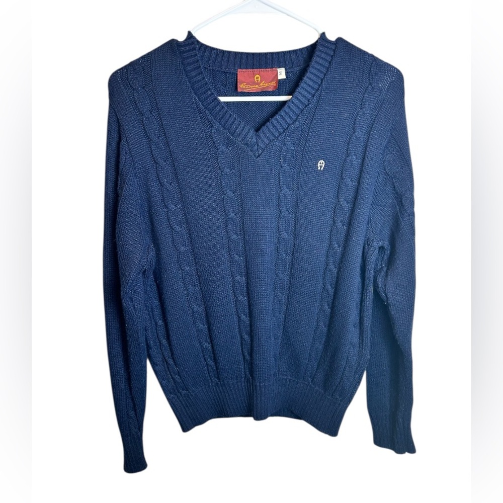 Vintage Paper Tag Etienne Aigner Blue Cable Knit V Neck Sweater Size Medium
